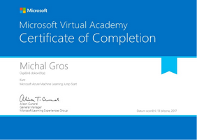 Certifikát Mictrosoft - Microsoft Azure Machine Learning Jump Start 2017 